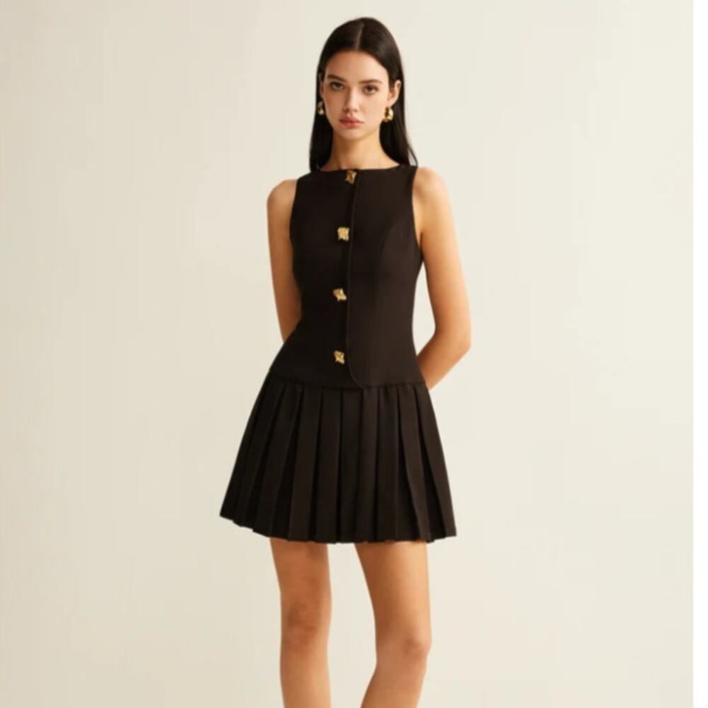 Commense Black Gold Button Pleated Mini Dress L NWT - Modern Chic